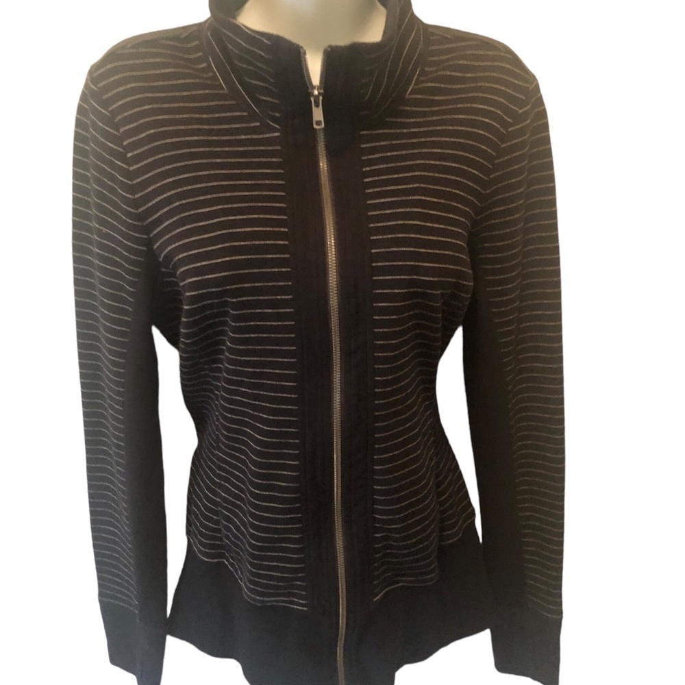 CABI Sprint Striped Jacket Sz. M #3378 Full Zip Up Curved Back Hem Black Sporty